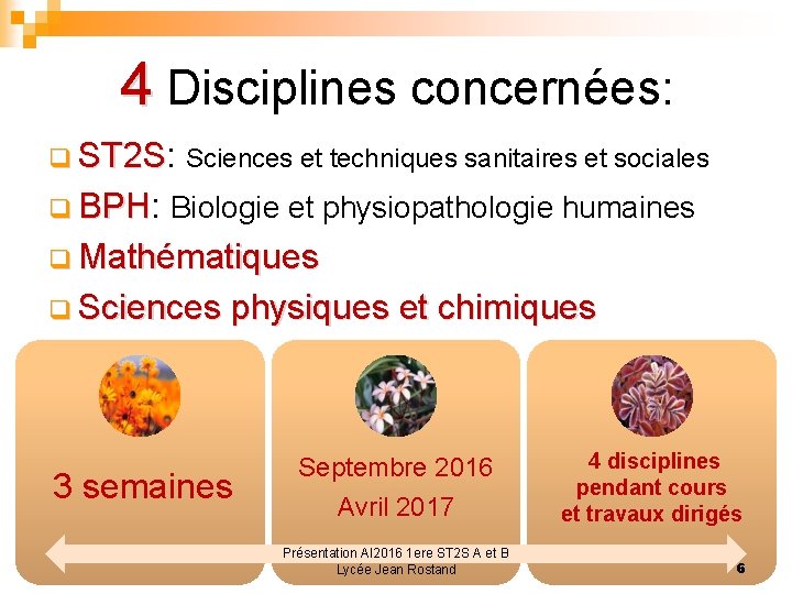 4 Disciplines concernées: q ST 2 S: ST 2 S Sciences et techniques sanitaires