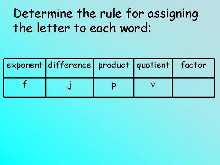 Determine the rule for assigning the letter to each word: exponent difference product quotient