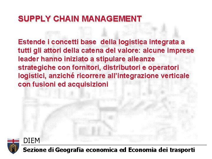 SUPPLY CHAIN MANAGEMENT Estende i concetti base della logistica integrata a tutti gli attori SUPPLY CHAIN MANAGEMENT Estende i concetti base della logistica integrata a tutti gli attori