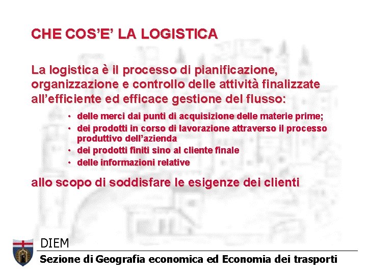 CHE COS’E’ LA LOGISTICA La logistica è il processo di pianificazione, organizzazione e controllo CHE COS’E’ LA LOGISTICA La logistica è il processo di pianificazione, organizzazione e controllo