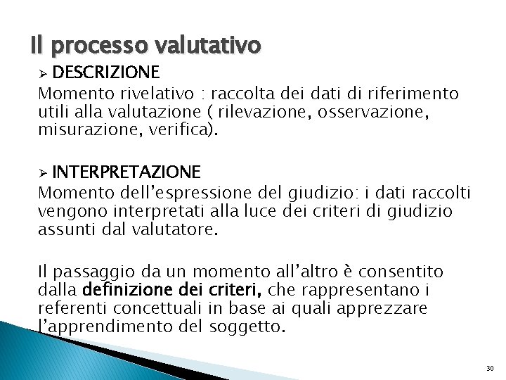 Il processo valutativo DESCRIZIONE Momento rivelativo : raccolta dei dati di riferimento utili alla