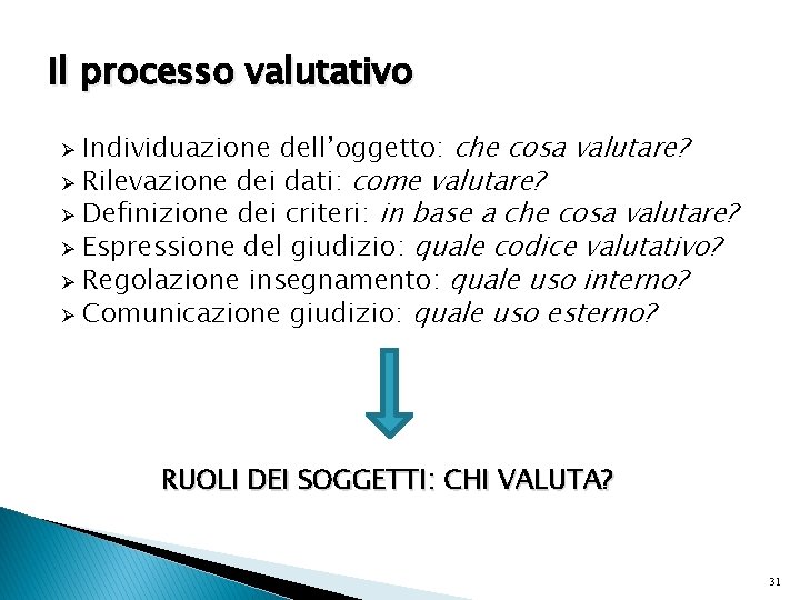 Il processo valutativo Individuazione dell’oggetto: che cosa valutare? Ø Rilevazione dei dati: come valutare?