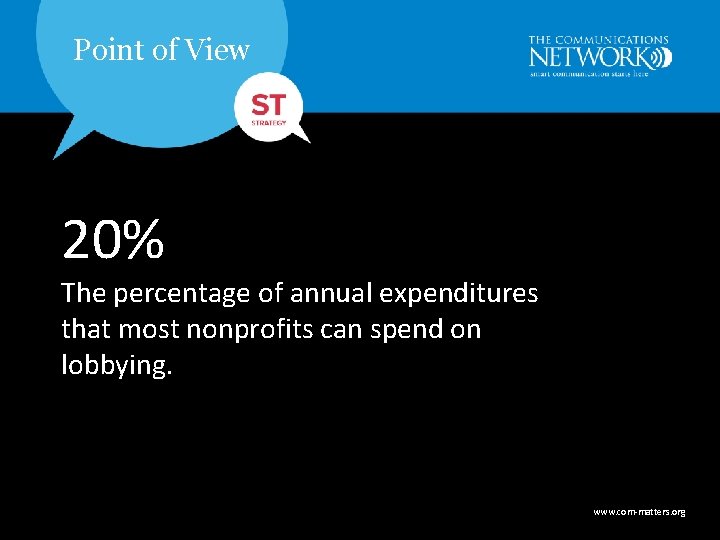 Point of View 20% The percentage of annual expenditures that most nonprofits can spend