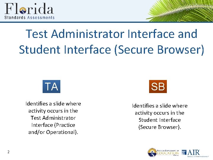 Test Administrator Interface and Student Interface (Secure Browser) TA Identifies a slide where activity