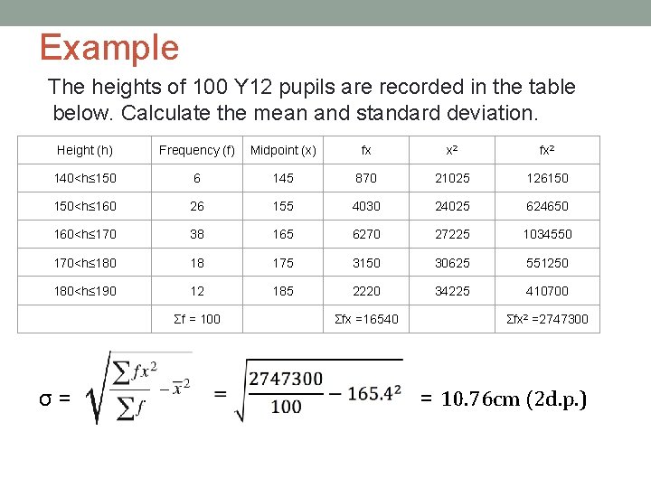 Example The heights of 100 Y 12 pupils are recorded in the table below.