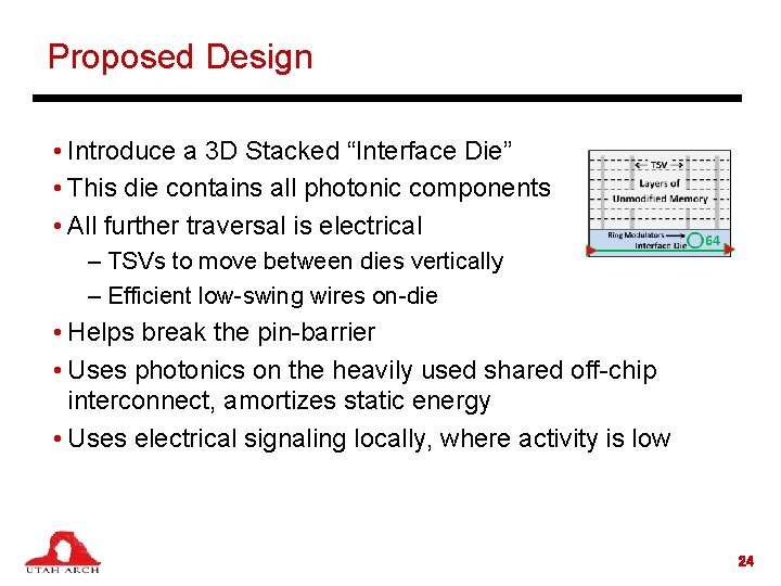 Proposed Design • Introduce a 3 D Stacked “Interface Die” • This die contains