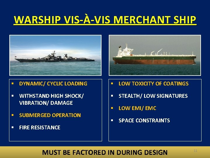 WARSHIP VIS-À-VIS MERCHANT SHIP § DYNAMIC/ CYCLIC LOADING § LOW TOXICITY OF COATINGS §