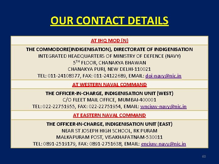 OUR CONTACT DETAILS AT IHQ MOD (N) THE COMMODORE(INDIGENISATION), DIRECTORATE OF INDIGENISATION INTEGRATED HEADQUARTERS