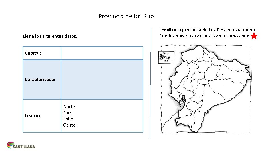 Provincia de los Ríos Llena los siguientes datos. Capital: Característica: Límites: Norte: Sur: Este: