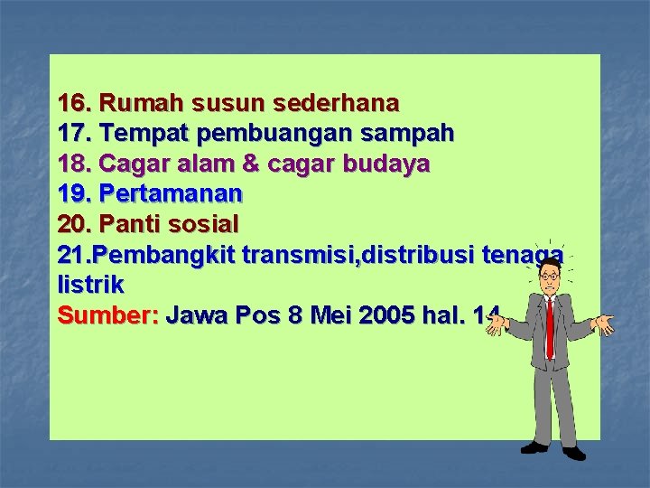 16. Rumah susun sederhana 17. Tempat pembuangan sampah 18. Cagar alam & cagar budaya