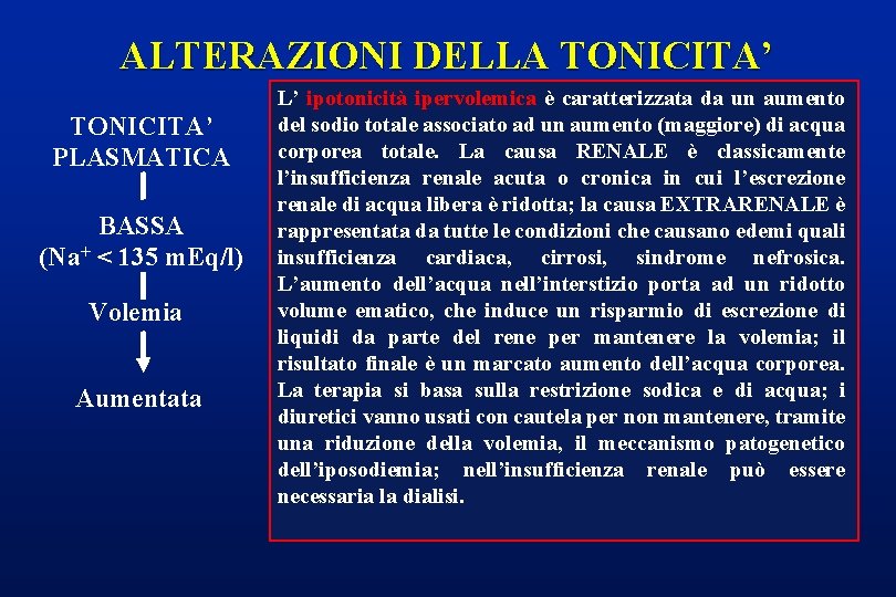 ALTERAZIONI DELLA TONICITA’ PLASMATICA BASSA (Na+ < 135 m. Eq/l) Volemia Aumentata L’ ipotonicità