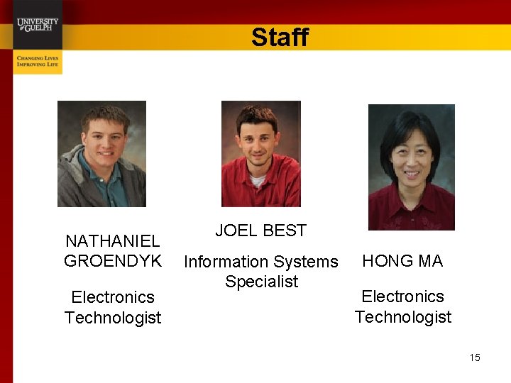 Staff NATHANIEL GROENDYK Electronics Technologist JOEL BEST Information Systems Specialist HONG MA Electronics Technologist