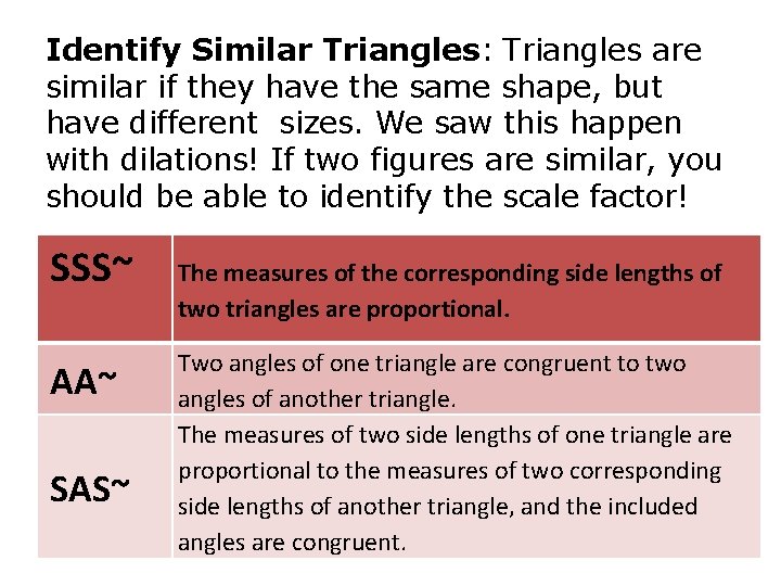 Identify Similar Triangles: Triangles are similar if they have the same shape, but have