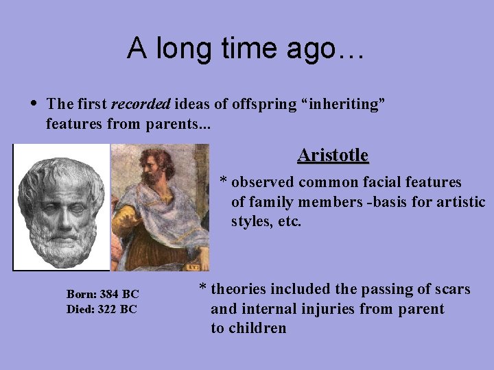 A long time ago… • The first recorded ideas of offspring “inheriting” features from