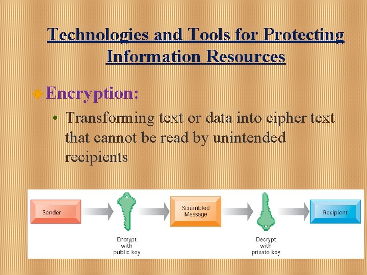 Technologies and Tools for Protecting Information Resources u Encryption: • Transforming text or data