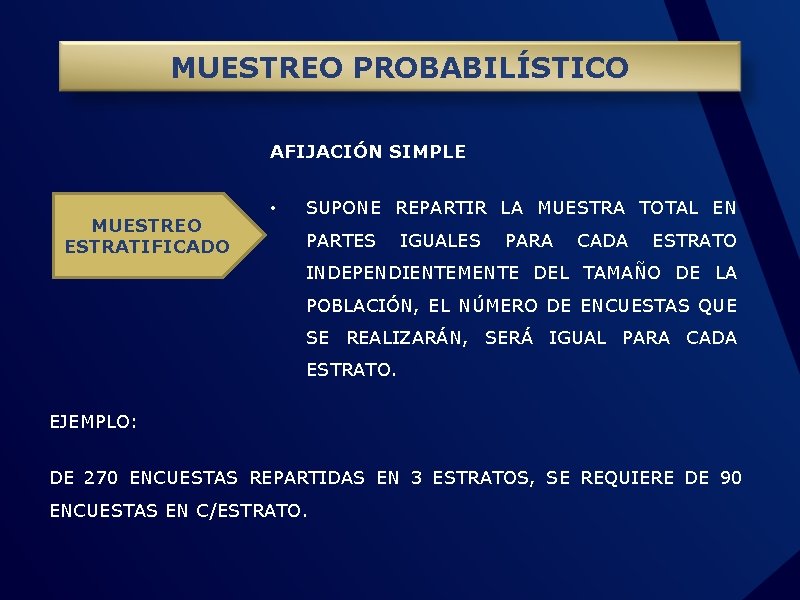 MUESTREO PROBABILÍSTICO AFIJACIÓN SIMPLE MUESTREO ESTRATIFICADO • SUPONE REPARTIR LA MUESTRA TOTAL EN PARTES