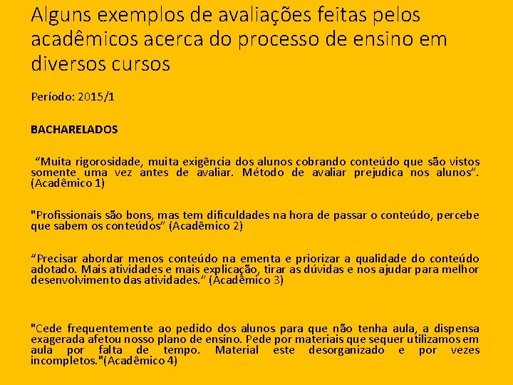 Alguns exemplos de avaliações feitas pelos acadêmicos acerca do processo de ensino em diversos