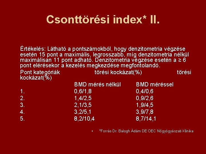 Csonttörési index* II. Értékelés: Látható a pontszámokból, hogy denzitometria végzése esetén 15 pont a