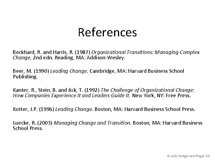 References Beckhard, R. and Harris, R. (1987) Organizational Transitions: Managing Complex Change, 2 nd