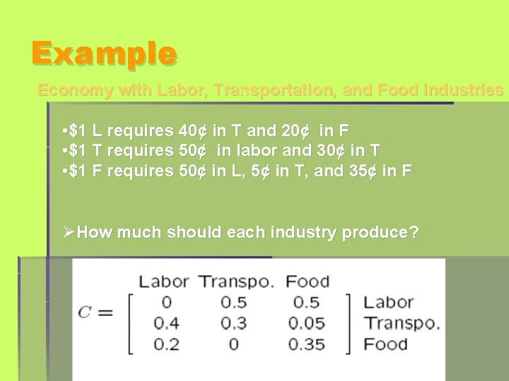 Example Economy with Labor, Transportation, and Food industries • $1 L requires 40¢ in