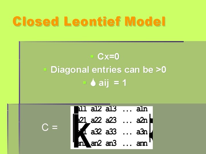 Closed Leontief Model § Cx=0 § Diagonal entries can be >0 § aij =