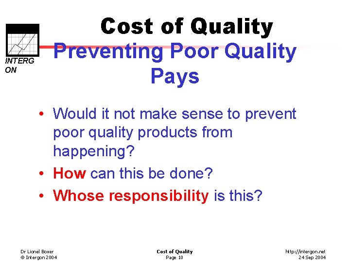 INTERG ON Cost of Quality Preventing Poor Quality Pays • Would it not make