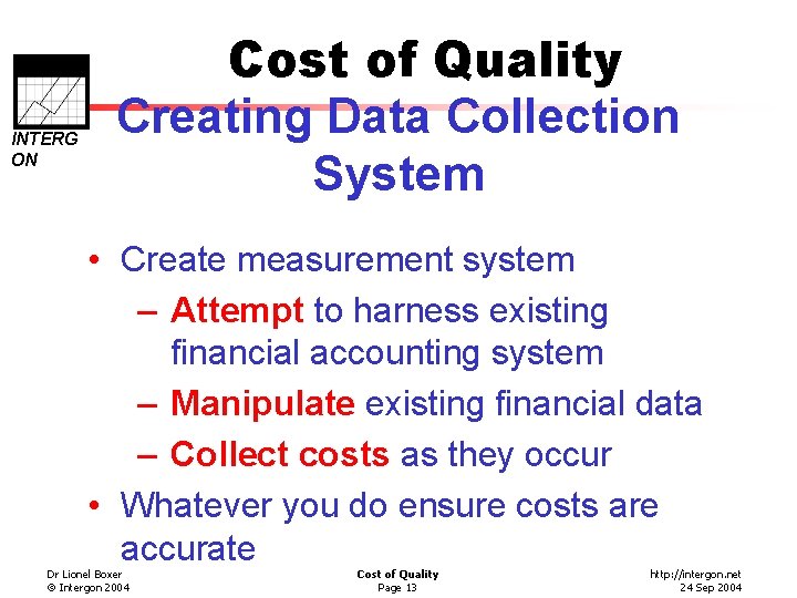 INTERG ON Cost of Quality Creating Data Collection System • Create measurement system –