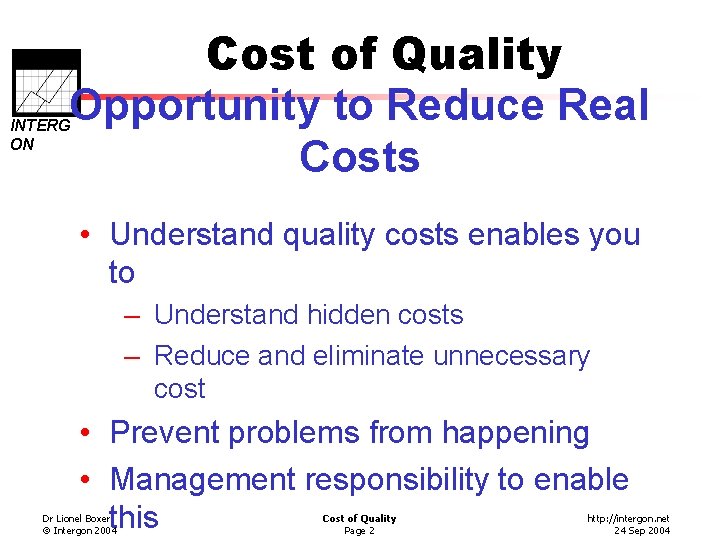 Cost of Quality Opportunity to Reduce Real Costs INTERG ON • Understand quality costs