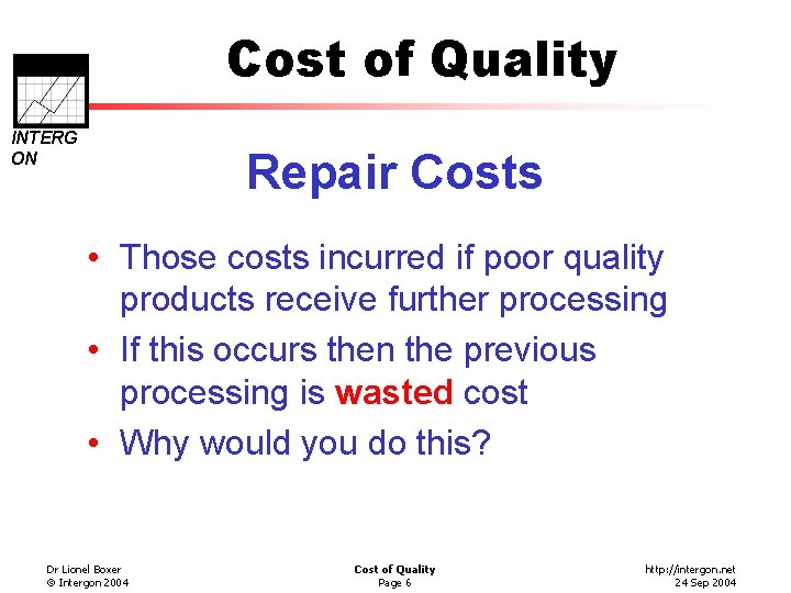 Cost of Quality INTERG ON Repair Costs • Those costs incurred if poor quality