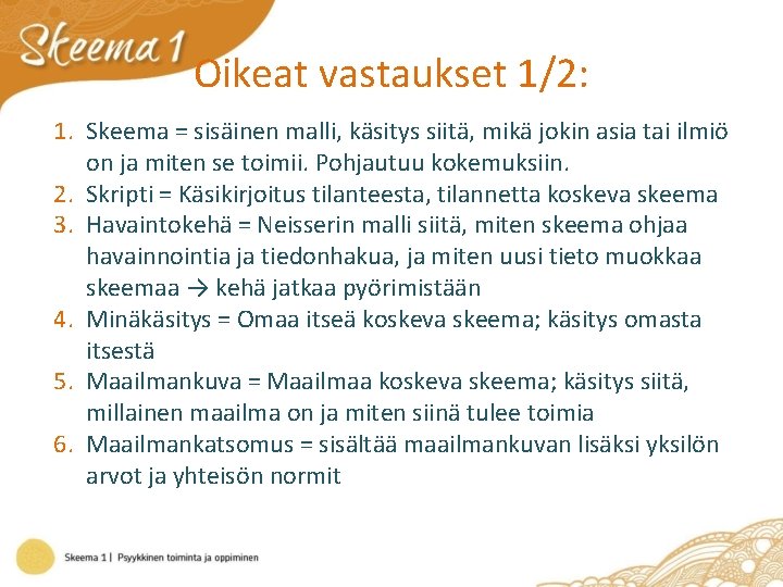 Oikeat vastaukset 1/2: 1. Skeema = sisäinen malli, käsitys siitä, mikä jokin asia tai