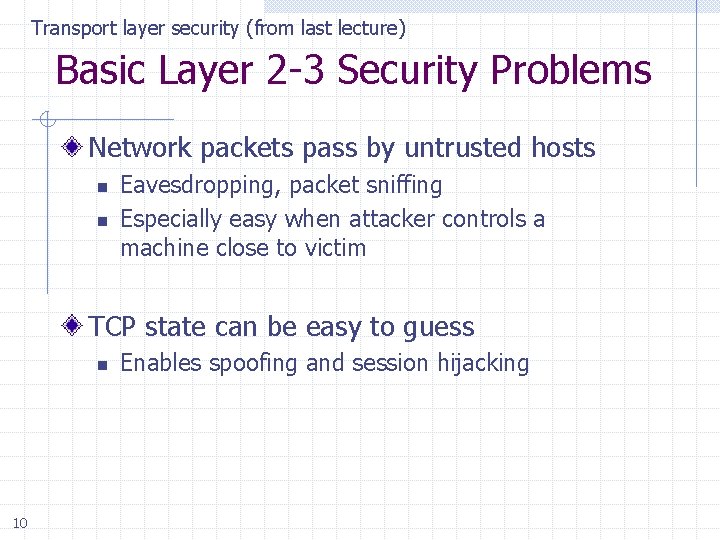 Transport layer security (from last lecture) Basic Layer 2 -3 Security Problems Network packets