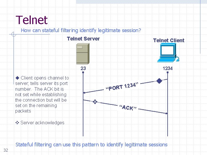 Telnet How can stateful filtering identify legitimate session? Telnet Server Telnet Client 23 1234