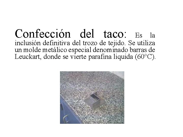 Confección del taco: Es la inclusión definitiva del trozo de tejido. Se utiliza un Confección del taco: Es la inclusión definitiva del trozo de tejido. Se utiliza un