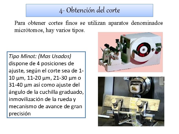 4 - Obtención del corte Para obtener cortes finos se utilizan aparatos denominados micrótomos, 4 - Obtención del corte Para obtener cortes finos se utilizan aparatos denominados micrótomos,