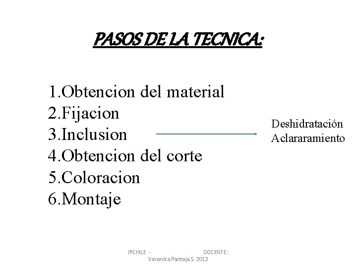 PASOS DE LA TECNICA: 1. Obtencion del material 2. Fijacion 3. Inclusion 4. Obtencion PASOS DE LA TECNICA: 1. Obtencion del material 2. Fijacion 3. Inclusion 4. Obtencion