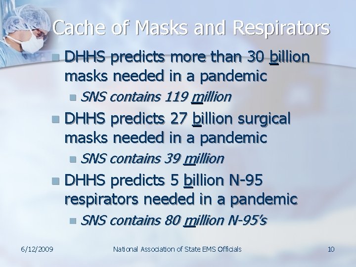 Cache of Masks and Respirators n DHHS predicts more than 30 billion masks needed Cache of Masks and Respirators n DHHS predicts more than 30 billion masks needed