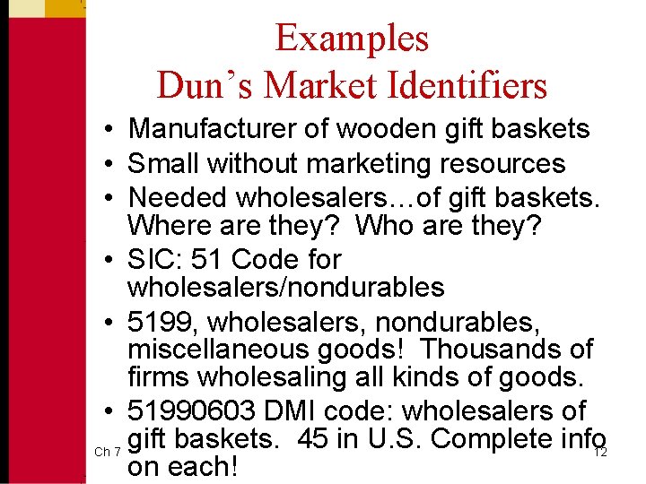 Examples Dun’s Market Identifiers • Manufacturer of wooden gift baskets • Small without marketing