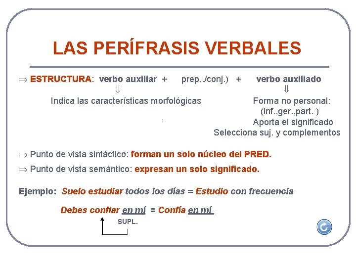 LAS PERÍFRASIS VERBALES ESTRUCTURA: verbo auxiliar + prep. . /conj. ) + Indica las