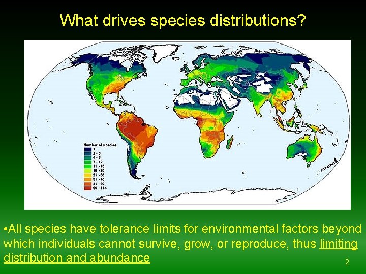 What drives species distributions? • All species have tolerance limits for environmental factors beyond