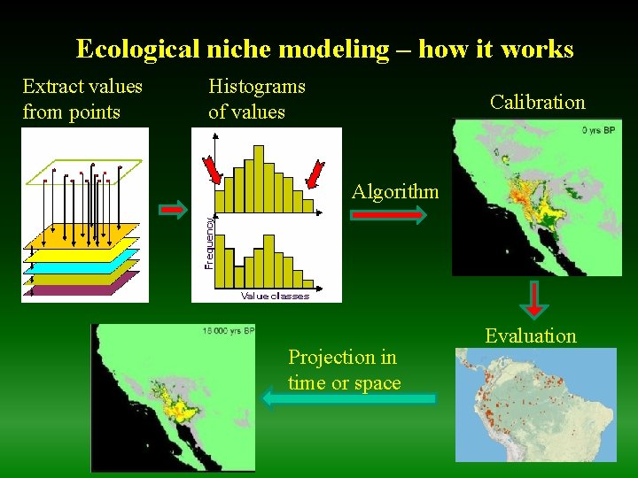 Ecological niche modeling – how it works Extract values from points Histograms of values