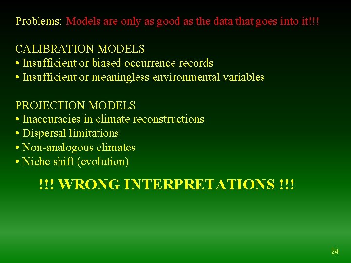Problems: Models are only as good as the data that goes into it!!! CALIBRATION