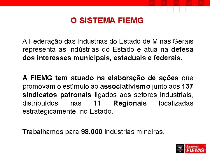 O SISTEMA FIEMG A Federação das Indústrias do Estado de Minas Gerais representa as