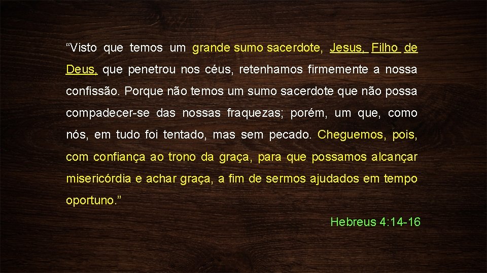 “Visto que temos um grande sumo sacerdote, Jesus, Filho de Deus, que penetrou nos