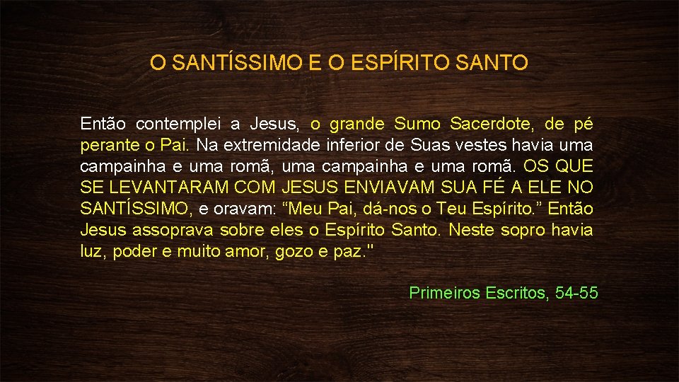 O SANTÍSSIMO E O ESPÍRITO SANTO Então contemplei a Jesus, o grande Sumo Sacerdote,