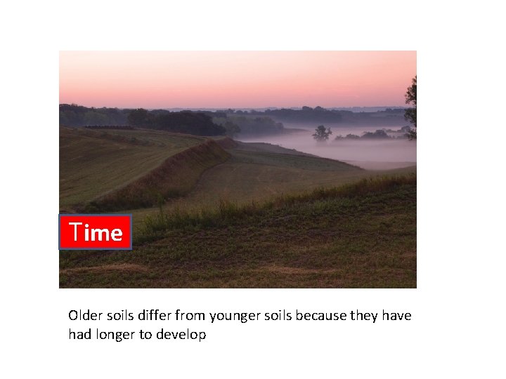 Time Older soils differ from younger soils because they have had longer to develop Time Older soils differ from younger soils because they have had longer to develop