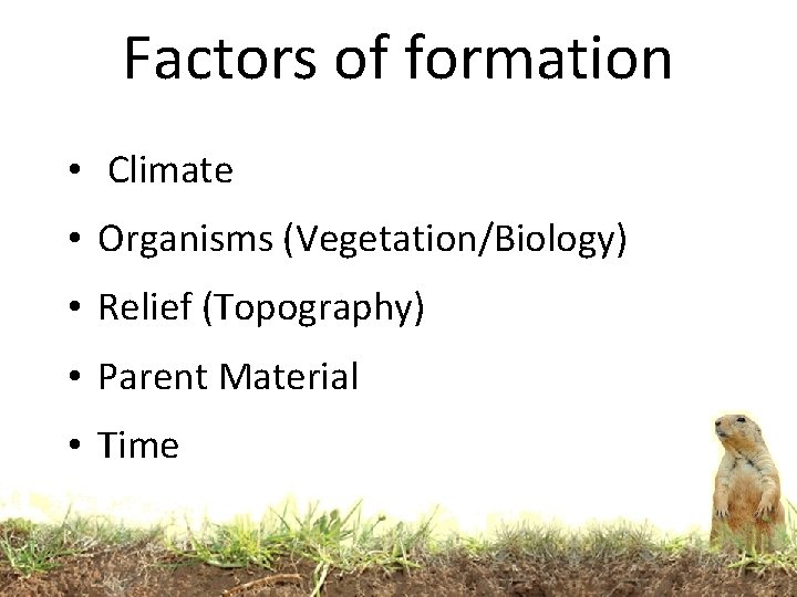 Factors of formation • Climate • Organisms (Vegetation/Biology) • Relief (Topography) • Parent Material Factors of formation • Climate • Organisms (Vegetation/Biology) • Relief (Topography) • Parent Material