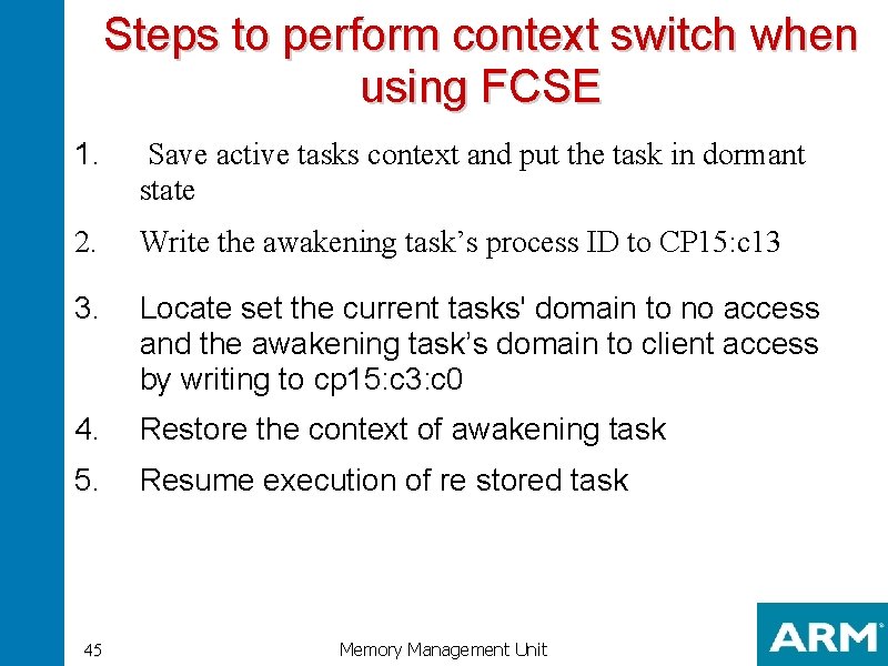 Steps to perform context switch when using FCSE 1. Save active tasks context and