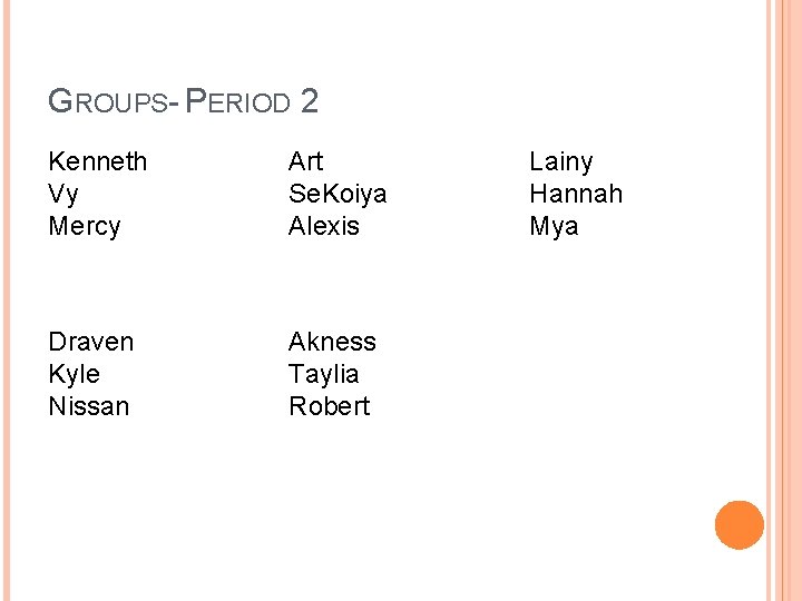 GROUPS- PERIOD 2 Kenneth Vy Mercy Art Se. Koiya Alexis Draven Kyle Nissan Akness GROUPS- PERIOD 2 Kenneth Vy Mercy Art Se. Koiya Alexis Draven Kyle Nissan Akness