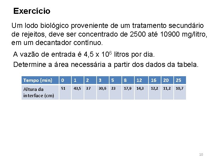 Exercício Um lodo biológico proveniente de um tratamento secundário de rejeitos, deve ser concentrado