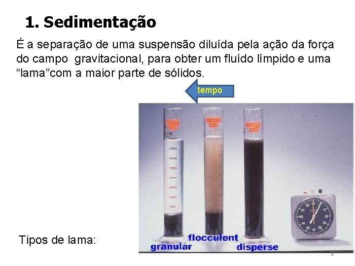 1. Sedimentação É a separação de uma suspensão diluída pela ação da força do